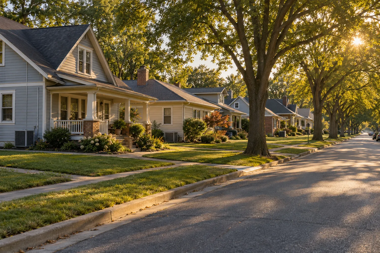A neighborhood of frame houses and ranch homes in Gary on a summer day